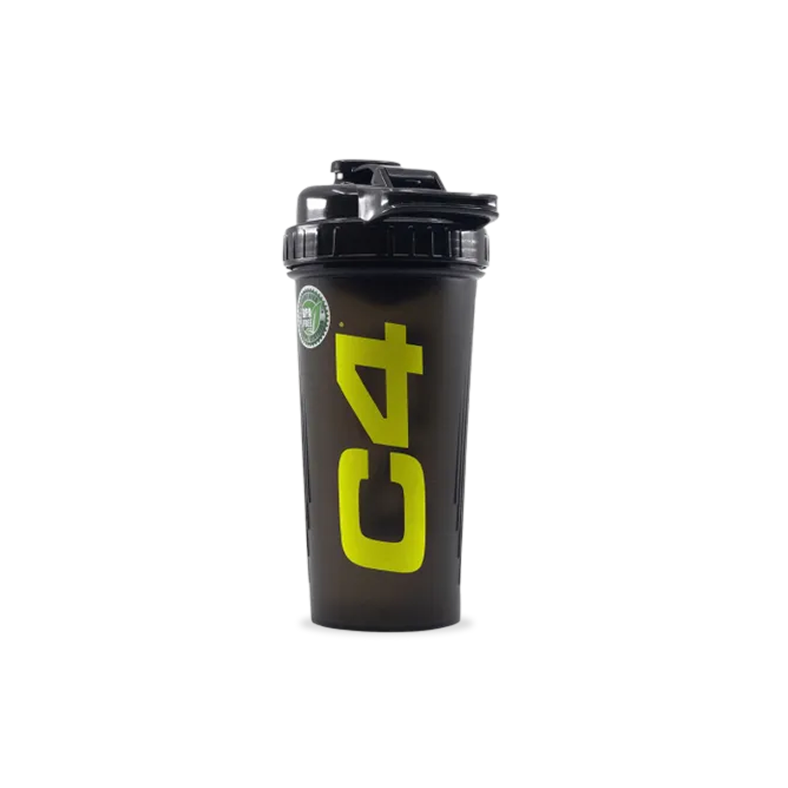 Close-up of a black sports water bottle with a twist-on cap and a bold yellow cross/plus design visible on the body.