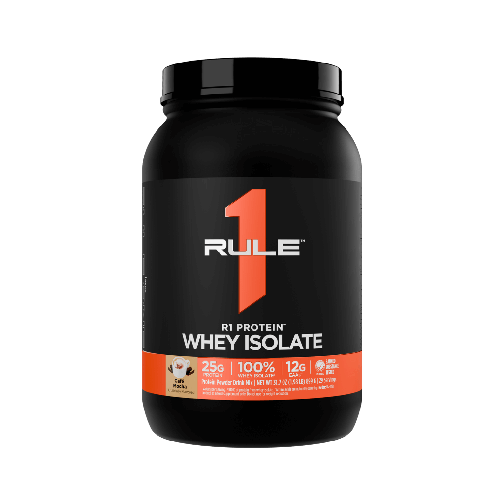Black tub of R1 Protein Whey Isolate protein powder with an orange logo and label reading 'WHEY ISOLATE'